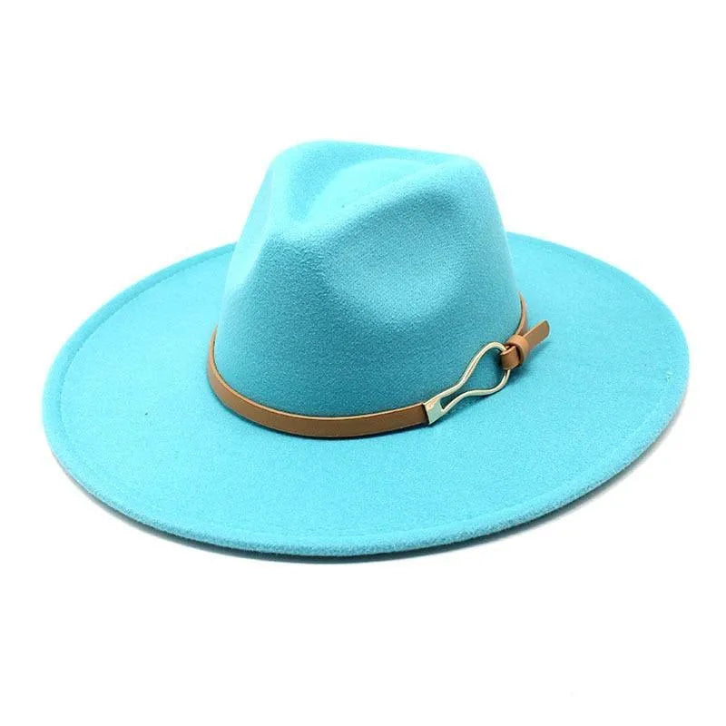 Light blue unisex felt fedora hat with wide brim and brown leather band accent