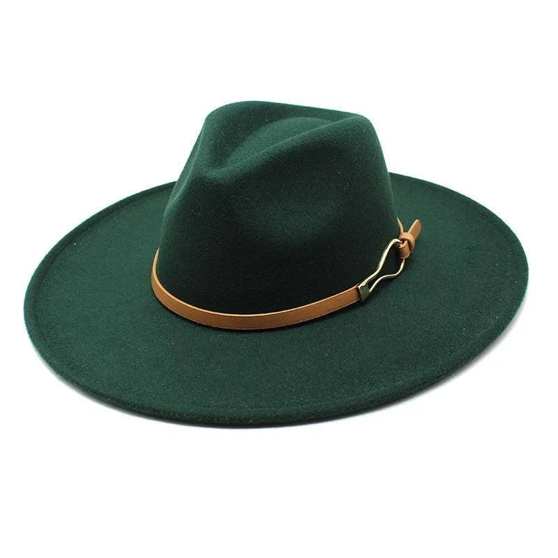 Dark green felt fedora hat with wide brim and brown leather band, unisex jazz hat