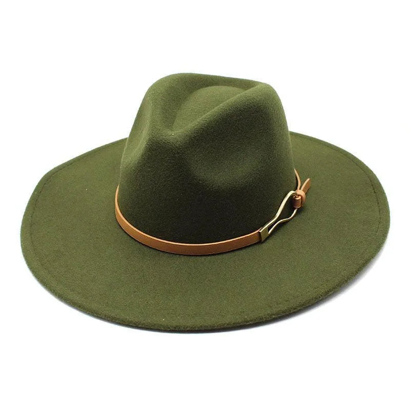 Olive green felt fedora hat with wide brim and brown leather band on white background