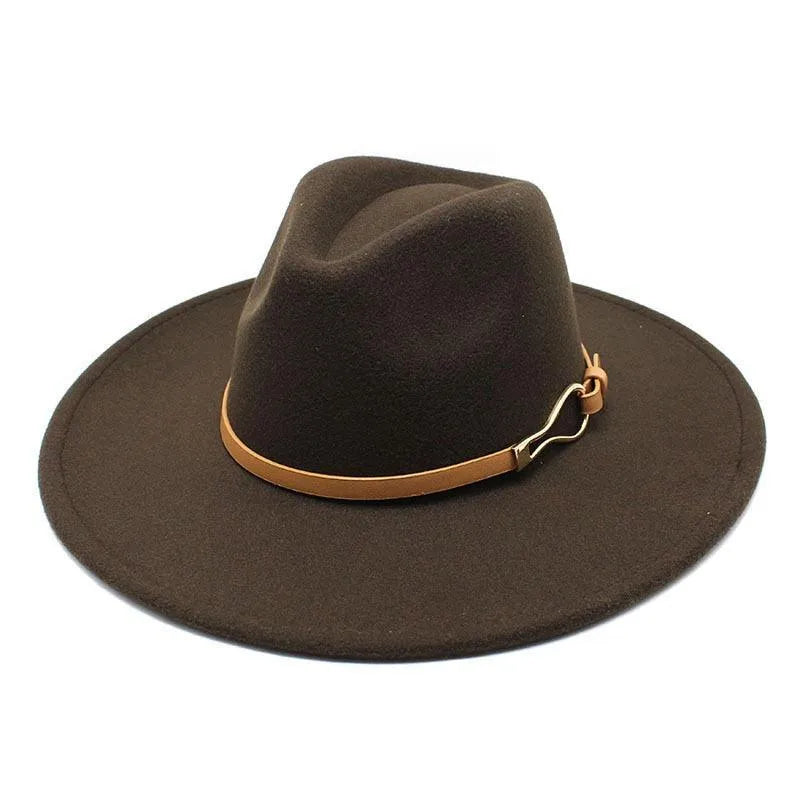 Unisex brown felt fedora hat with wide brim and tan band on white background