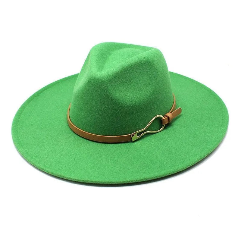 Green felt fedora hat with wide brim and brown leather band, unisex jazz style