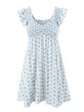 V-Neck Blue Floral Pleated Dress -Guocali