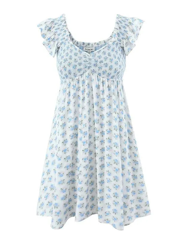 V-Neck Blue Floral Pleated Dress -Guocali