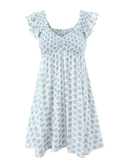 V-Neck Blue Floral Pleated Dress -Guocali