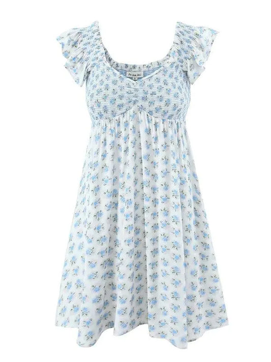 V-Neck Blue Floral Pleated Dress -Guocali