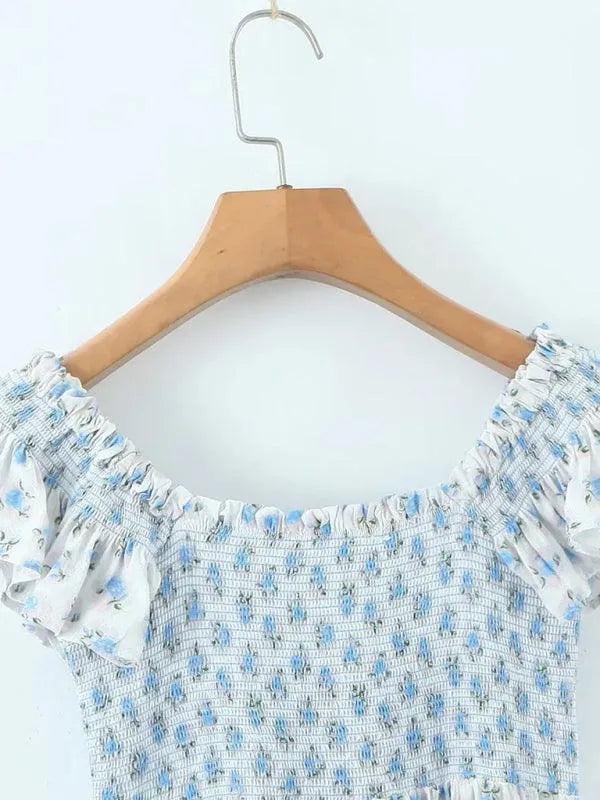 V-Neck Blue Floral Pleated Dress -Guocali