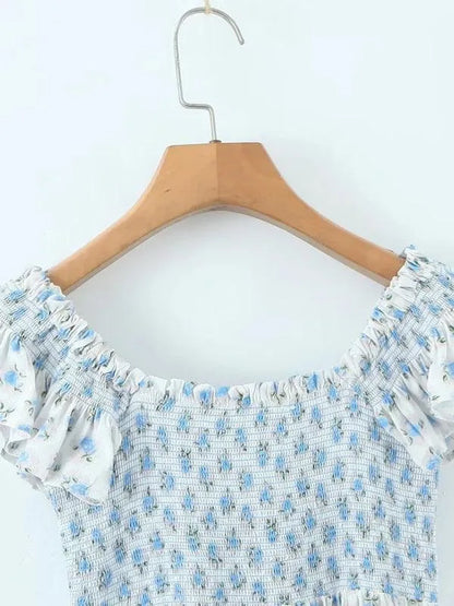 V-Neck Blue Floral Pleated Dress -Guocali