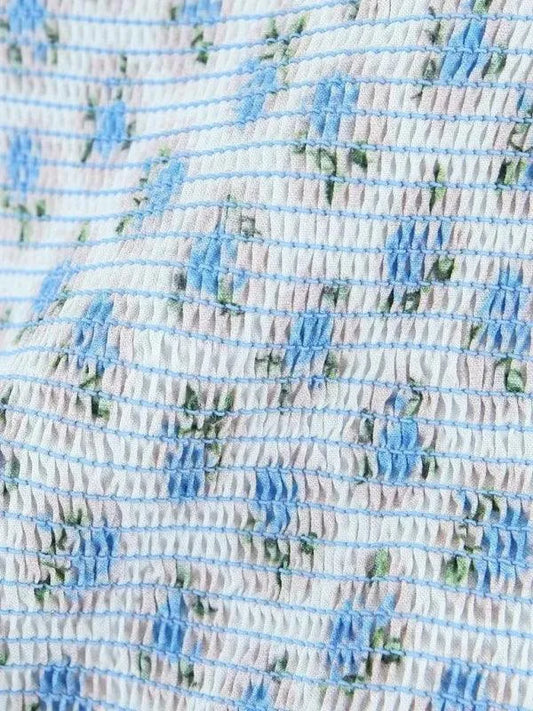 V-Neck Blue Floral Pleated Dress -Guocali