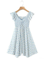 V-Neck Blue Floral Pleated Dress -Guocali