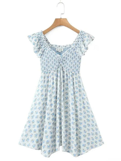 V-Neck Blue Floral Pleated Dress -Guocali