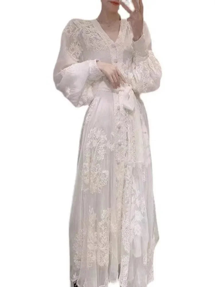 V-Neck Cardigan Tie Waist Dress -Guocali