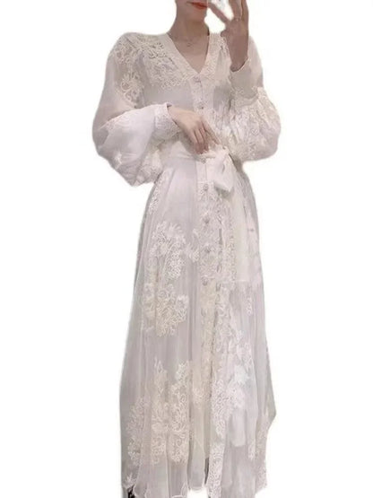 V-Neck Cardigan Tie Waist Dress -Guocali