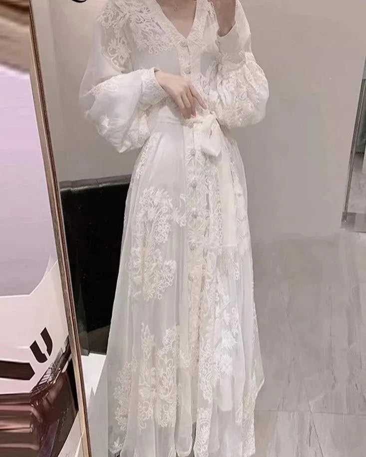 V-Neck Cardigan Tie Waist Dress -Guocali