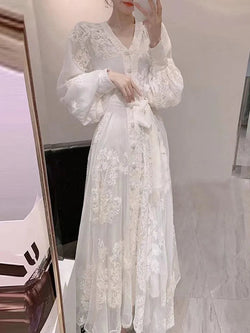 V-Neck Cardigan Tie Waist Dress - Guocali