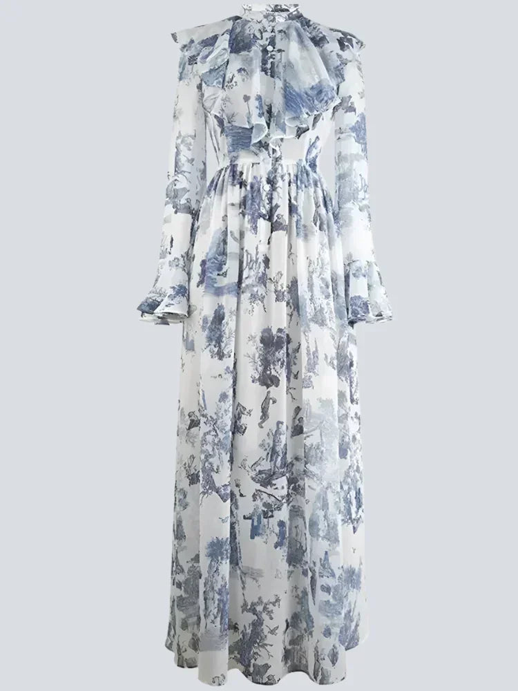 V-Neck Ink Print Vacation Pleated Dress -Guocali