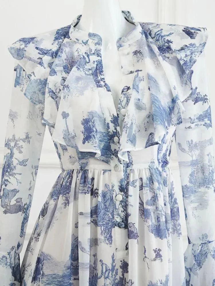 V-Neck Ink Print Vacation Pleated Dress -Guocali