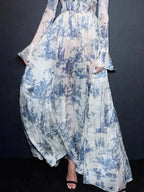 V-Neck Ink Print Vacation Pleated Dress -Guocali