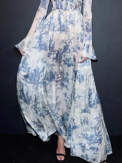 V-Neck Ink Print Vacation Pleated Dress -Guocali