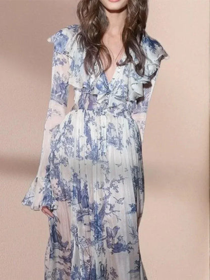 V-Neck Ink Print Vacation Pleated Dress -Guocali