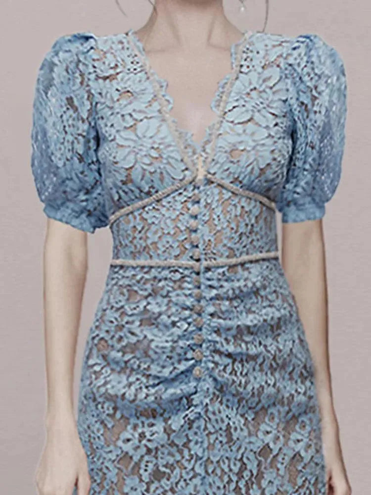 V-Neck Lace Beaded Dress -Guocali