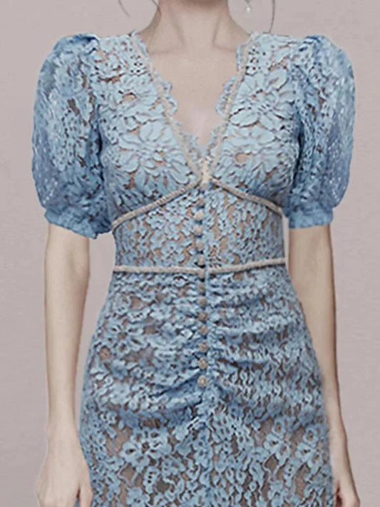 V-Neck Lace Beaded Dress -Guocali