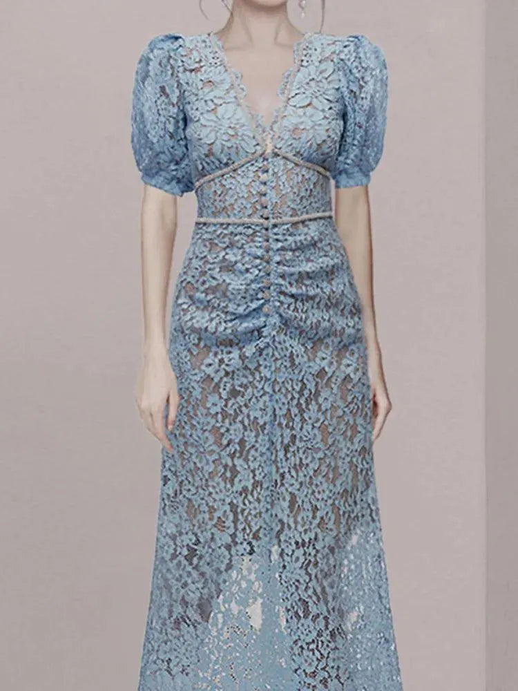 V-Neck Lace Beaded Dress -Guocali