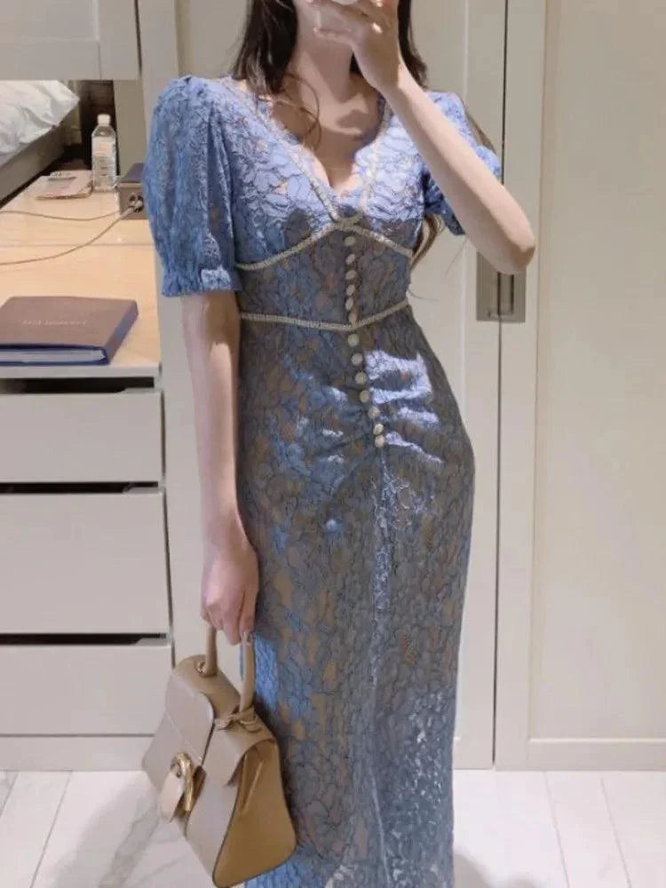 V-Neck Lace Beaded Dress -Guocali