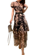 V-Neck Mesh Embroidery Waist Dress -Guocali
