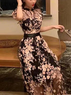 V-Neck Mesh Embroidery Waist Dress -Guocali