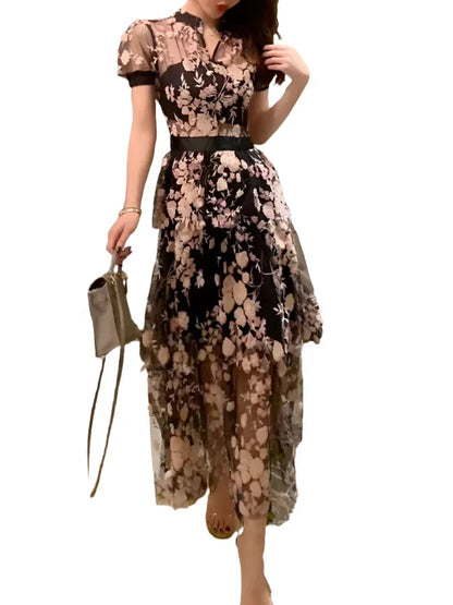 V-Neck Mesh Embroidery Waist Dress -Guocali