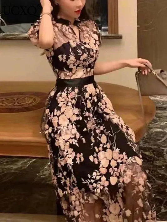 V-Neck Mesh Embroidery Waist Dress -Guocali