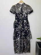 V-Neck Mesh Embroidery Waist Dress -Guocali