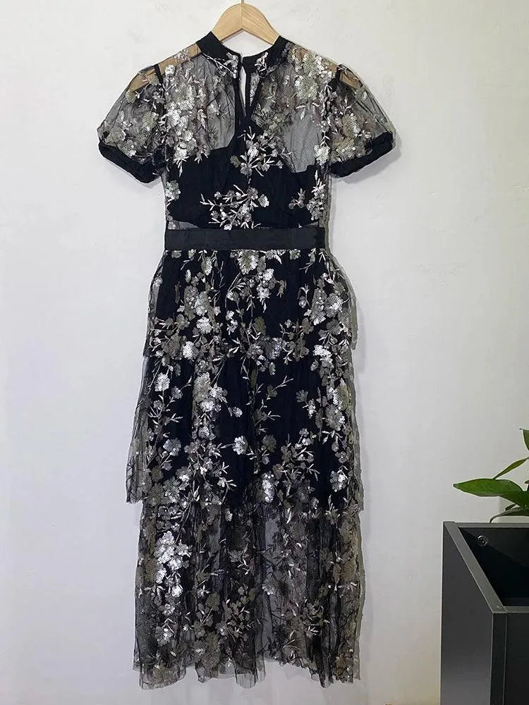 V-Neck Mesh Embroidery Waist Dress -Guocali