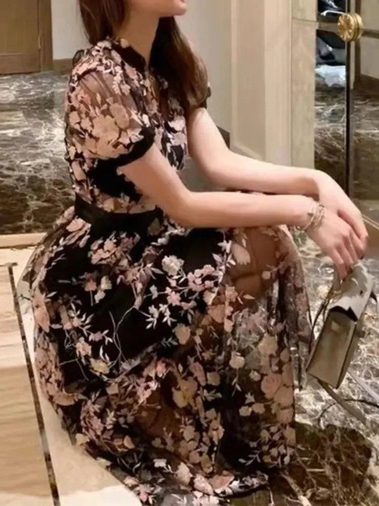 V-Neck Mesh Embroidery Waist Dress -Guocali