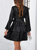 V-Neck Waisted Glossy Mini Dress -Guocali