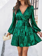 V-Neck Waisted Glossy Mini Dress -Guocali