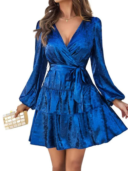 V-Neck Waisted Glossy Mini Dress -Guocali