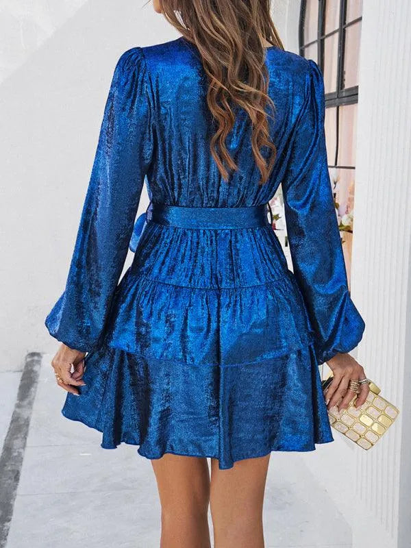 V-Neck Waisted Glossy Mini Dress -Guocali