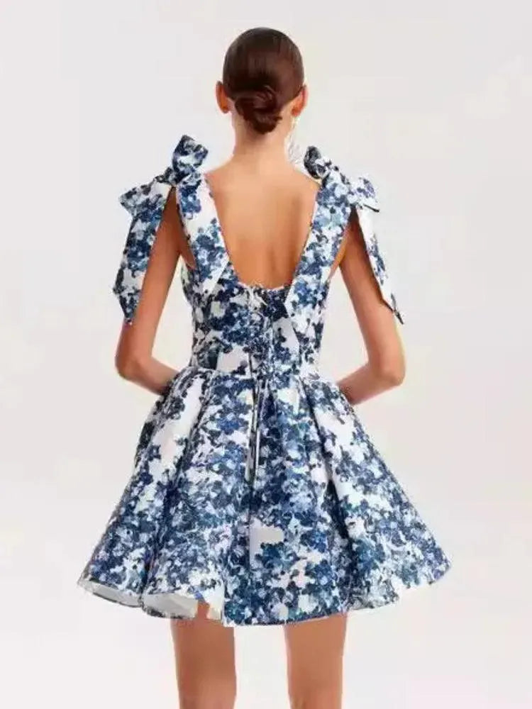 Vacation Style Lace-Up Square Neck Floral Short Dress -Guocali