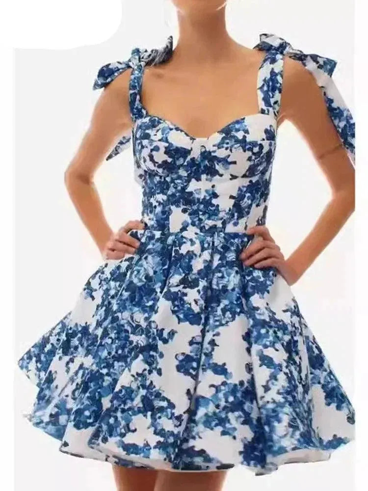 Vacation Style Lace-Up Square Neck Floral Short Dress -Guocali