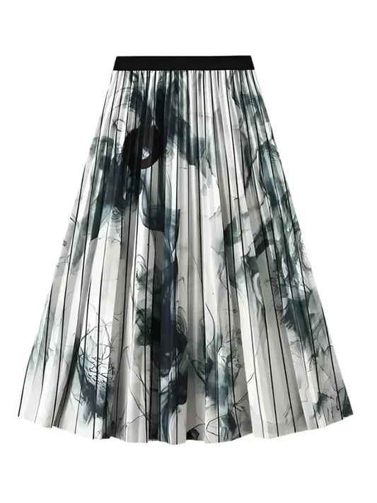 Vintage Pleated Ink Print Skirt for Women -Guocali