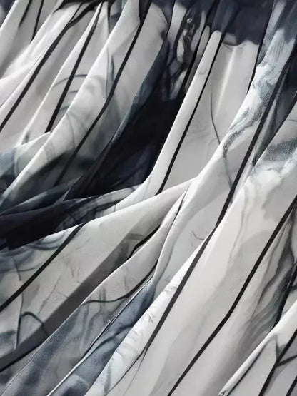 Vintage Pleated Ink Print Skirt for Women -Guocali