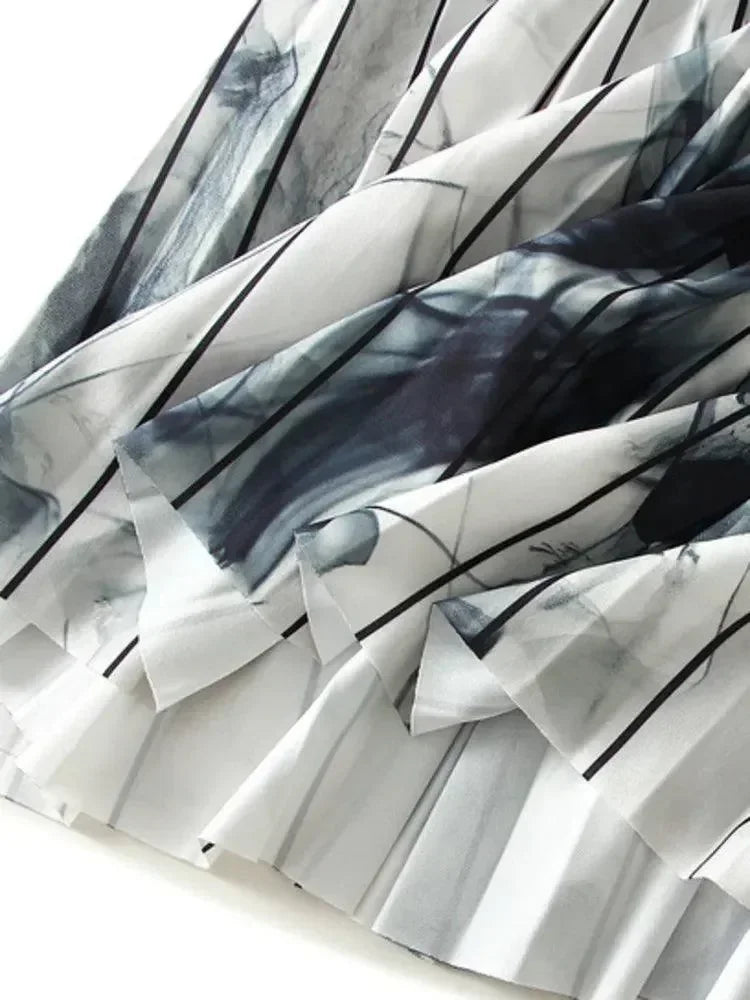 Vintage Pleated Ink Print Skirt for Women -Guocali