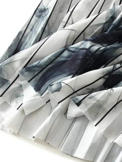 Vintage Pleated Ink Print Skirt for Women -Guocali