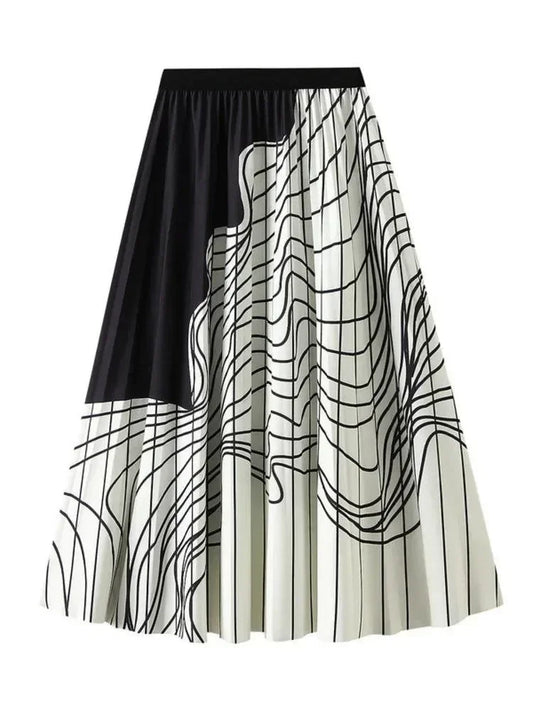 Vintage Pleated Skirt with Contrasting Colors for Women -Guocali