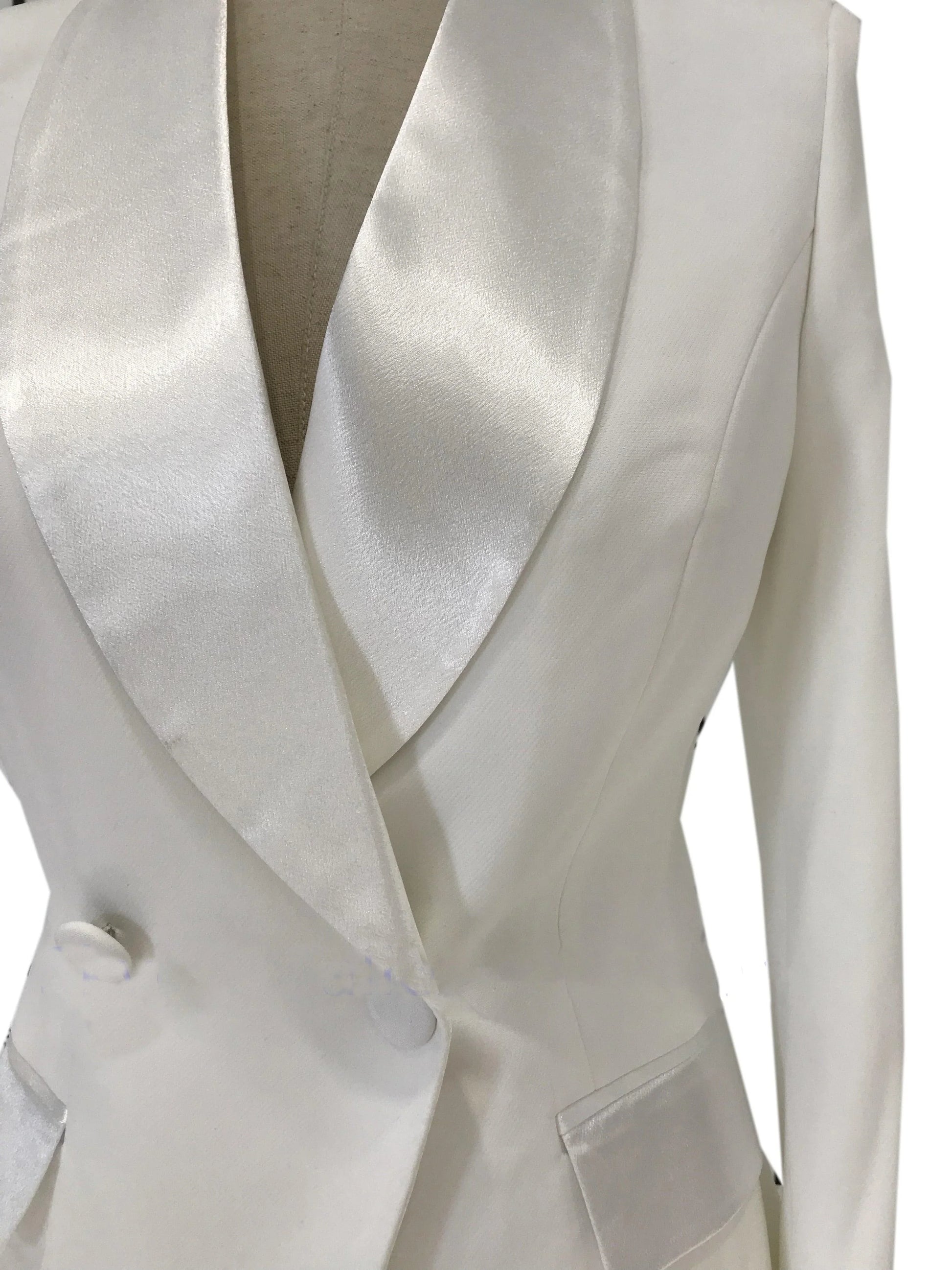 White satin wedding tuxedo blazer for women with shawl collar and button details