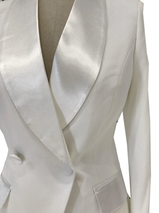 White satin wedding tuxedo blazer for women with shawl collar and button details