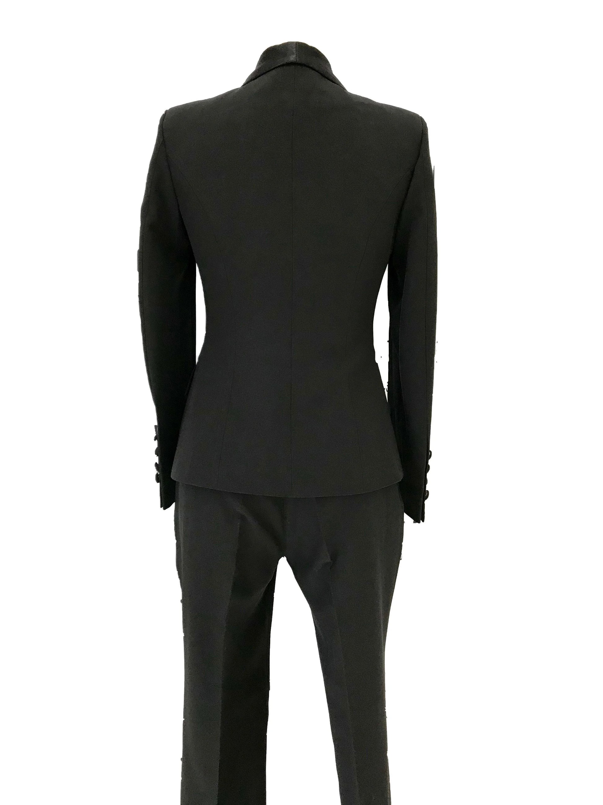 Back view of black women's wedding tuxedo pantsuit with tailored blazer and trousers