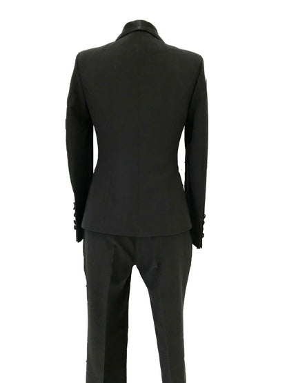 Back view of black women's wedding tuxedo pantsuit with tailored blazer and trousers