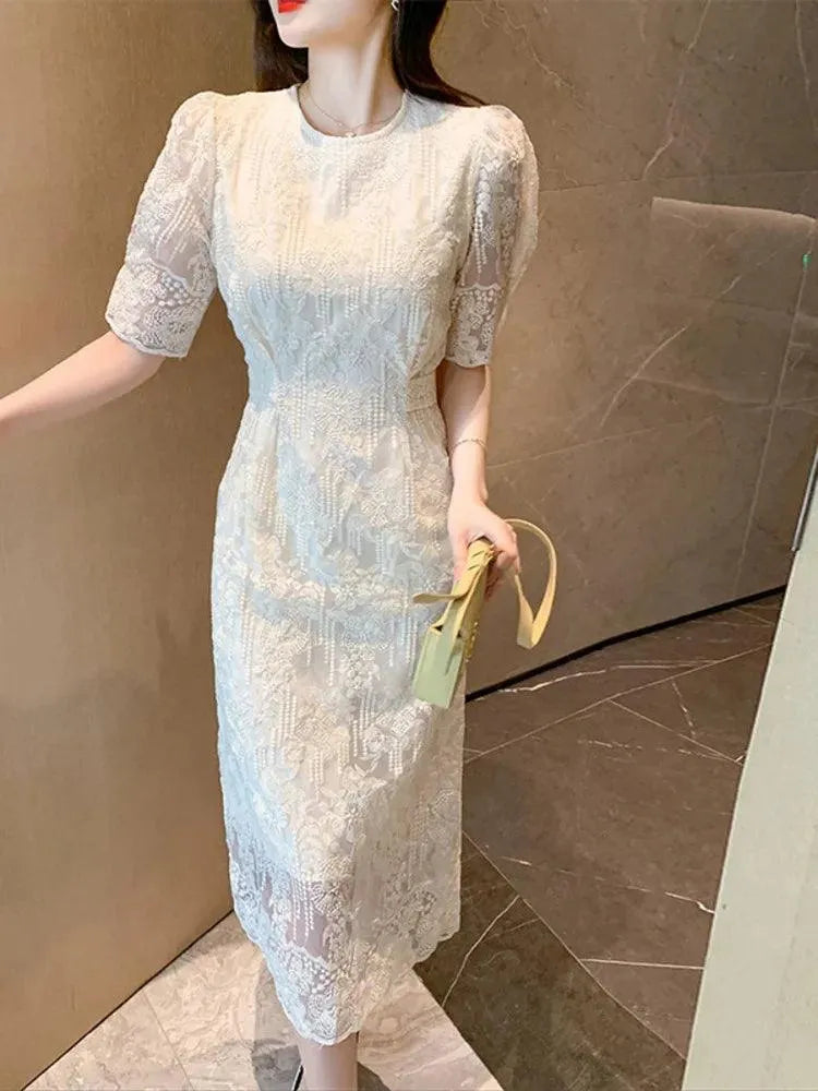 White O-Neck Lace Bubble Sleeve Dress -Guocali